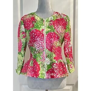 Ruby Rd. Linen Blend Pink/Green Semi Sheer Full Zip Top Shacket Jacket Sz 8 AKA